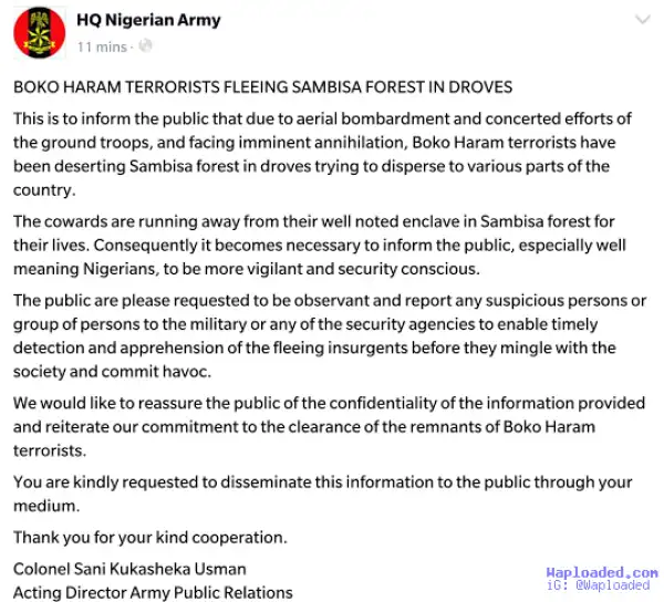 Nigerian Army raises alarm as Boko Haram membersflee Sambisa forest